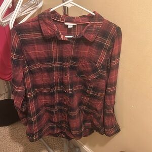 Flannel shirt, large. Red, pink plaid. Some glittery threads.
